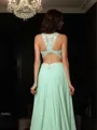 A-line High Neck Sleeveless Sweep Train Chiffon Refined Prom Dress With Applique