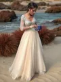 A-line Princess V-Neck Timeless Long Sleeves Floor-Length Tulle Prom Dress With Beading