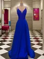 A-line Dreamy V-Neck Sleeveless Sweep Train Satin Prom Dress
