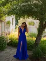 A-line V-Neck Sleeveless Glam Sweep Train Chiffon Prom Dress With Ruffles
