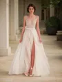 Unique A-line Scoop Short Sleeves Floor-Length Open Back Organza Prom Dress With Slit