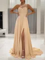 A-line One-Shoulder Sleeveless Sweep Train Modest Chiffon Corset Prom Dress With Slit