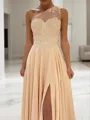 A-line One-Shoulder Sleeveless Sweep Train Modest Chiffon Corset Prom Dress With Slit