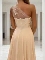 A-line One-Shoulder Sleeveless Sweep Train Modest Chiffon Corset Prom Dress With Slit