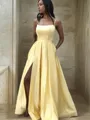 A-line Sophisticated Spaghetti Straps Sleeveless Floor-Length Satin Prom Dress