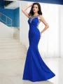 Bold Sheath/Column Sheer Neck Sleeveless Floor-Length Satin Prom Dress With Beading