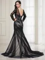 Trumpet/Mermaid Jewel Curvaceous Long Sleeves Sweep Train Tulle Prom Dress With Applique