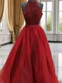 Ball-Gown High Neck Glam Sleeveless Floor-Length Tulle Prom Dress With Beading