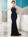 Sheath/Column Fashion Jewel Sleeveless Sweep Train Jersey Prom Dress With Beading