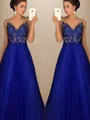 A-line Princess V-Neck Sleeveless Floor-Length Tulle Charming Corset Prom Dress With Applique