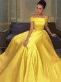 A-line Off-the-Shoulder Sleeveless Sweep Train Flattering Satin Prom Dress With Ruffles
