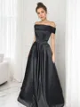 A-line Off-the-Shoulder Sleeveless Sweep Train Flattering Satin Prom Dress With Ruffles
