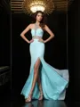 Sheath/Column High Neck Sleeveless Sweep Train Unique Chiffon Prom Dress With Slit