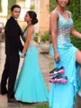 Svelte Trumpet/Mermaid V-Neck Sleeveless Sweep Train Chiffon Corset Prom Dress With Beading