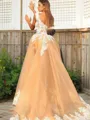 A-line V-Neck Sleeveless Subtle Sweep Train Organza Prom Dress With Lace