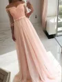 A-line Princess Off-the-Shoulder 3/4 Sleeves Sweep Train Tulle Balanced Prom Dress With Sash