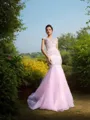Trumpet/Mermaid V-Neck Sleeveless Court Train Satin Graceful Prom Dress With Beading