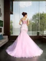 Trumpet/Mermaid V-Neck Sleeveless Court Train Satin Graceful Prom Dress With Beading