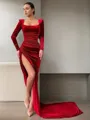 Sheath/Column Delicate Square Long Sleeves Sweep Train Velvet Prom Dress With Slit