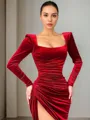 Sheath/Column Delicate Square Long Sleeves Sweep Train Velvet Prom Dress With Slit