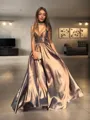 A-line V-Neck Sleeveless Floor-Length Silk like Satin Exquisite Prom Dress With Ruffles