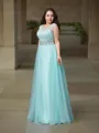 A-line Princess Timeless Scoop Sleeveless Floor-Length Tulle Prom Dress With Rhinestone