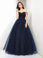 Ball-Gown Off-the-Shoulder Whimsical Sleeveless Floor-Length Tulle Prom Dress With Beading