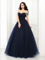 Ball-Gown Off-the-Shoulder Whimsical Sleeveless Floor-Length Tulle Prom Dress With Beading
