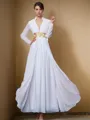 A-line V-Neck Long Sleeves Floor-Length Chic Chiffon Prom Dress With Sash