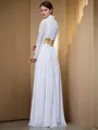A-line V-Neck Long Sleeves Floor-Length Chic Chiffon Prom Dress With Sash