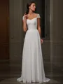 A-line Sweetheart Short Sleeves Sweep Train Chiffon Stylish Prom Dress With Beading