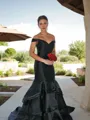 Trumpet/Mermaid Off-the-Shoulder Flattering Sleeveless Sweep Train Satin Prom Dress With Layers
