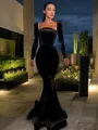 Opulent Sheath/Column Square Long Sleeves Sweep Train Velvet Corset Prom Dress