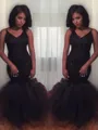 Trumpet/Mermaid V-Neck Sleeveless Floor-Length Alluring Tulle Prom Dress With Sequins