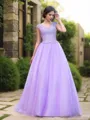 Ball-Gown V-Neck Short Sleeves Stunning Floor-Length Tulle Prom Dress With Applique
