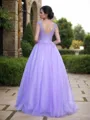 Ball-Gown V-Neck Short Sleeves Stunning Floor-Length Tulle Prom Dress With Applique