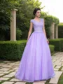Ball-Gown V-Neck Short Sleeves Stunning Floor-Length Tulle Prom Dress With Applique