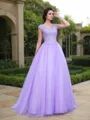 Ball-Gown V-Neck Short Sleeves Stunning Floor-Length Tulle Prom Dress With Applique