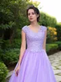 Ball-Gown V-Neck Short Sleeves Stunning Floor-Length Tulle Prom Dress With Applique