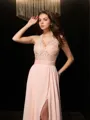 A-line Halter Sleeveless Sweep Train Chic Chiffon Prom Dress With Slit