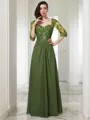 A-line Sweetheart 3/4 Sleeves Floor-Length Dreamy Chiffon Prom Dress With Beading Applique