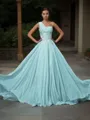 A-line One-Shoulder Sleeveless Sweep Train Open Back Chiffon Perfect Prom Dress With Ruffles