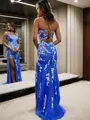Sheath/Column Stunning V-Neck Sleeveless Sweep Train Tulle Prom Dress With Slit
