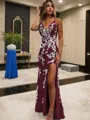 Sheath/Column Stunning V-Neck Sleeveless Sweep Train Tulle Prom Dress With Slit