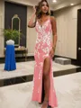 Sheath/Column Stunning V-Neck Sleeveless Sweep Train Tulle Prom Dress With Slit