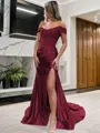 Sheath/Column Off-the-Shoulder Sleeveless Sweep Train Sexy Silk like Satin Corset Prom Dress With Slit