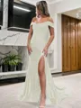 Sheath/Column Off-the-Shoulder Sleeveless Sweep Train Sexy Silk like Satin Corset Prom Dress With Slit