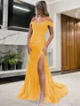 Sheath/Column Off-the-Shoulder Sleeveless Sweep Train Sexy Silk like Satin Corset Prom Dress With Slit