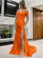Sheath/Column Off-the-Shoulder Sleeveless Sweep Train Sexy Silk like Satin Corset Prom Dress With Slit