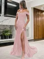 Sheath/Column Off-the-Shoulder Sleeveless Sweep Train Sexy Silk like Satin Corset Prom Dress With Slit